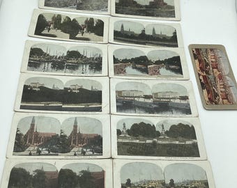 Estereoscopio/reproductor de imágenes estereoscópicas antiguo, conjunto de 13 imágenes de Suecia.