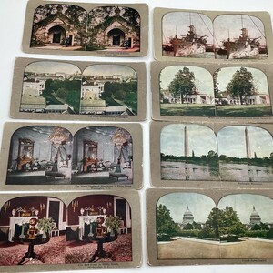 May include: A collection of vintage stereoscopic cards featuring various scenes. The cards depict buildings, monuments, and interiors, including the White House, Washington Monument, and U.S. Capitol. The cards are in shades of brown, green, and blue.