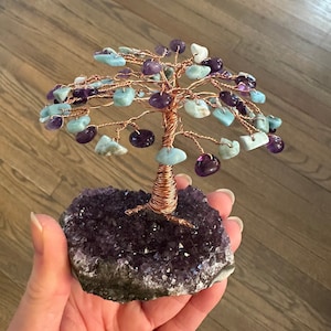 Tree of Peace & Protection, High Quality Larimar and Amethyst Stones on a Gorgeous Sparkly Dark Amethyst Druzy Cluster, Healing Gemstones