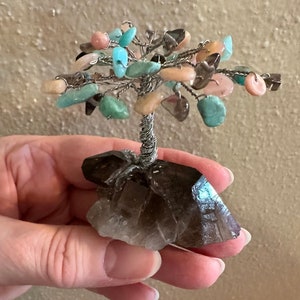 Mini Gemstone Tree, Pink Opal, Amazonite & Smoky Quartz Stones on a dark, icy Smoky Quartz Crystal, Tree of Life, Healing Gemstones, Art