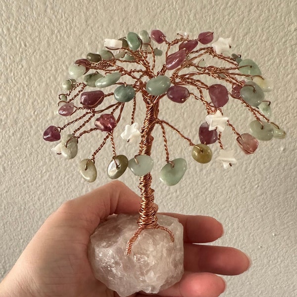 Palm Tree Gemstone Tree, Pink Tourmaline, Burma Jade & Mother of Pearl Stars on Rose Quartz Base, High Quality Gemstones, Tree of Life, Art