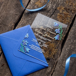 Blaue Glockenblume Acryl-Einladung mit Umschlägen für Hochzeit, Quinceanera, Sweet 16, Geburtstagsfeier
