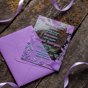 Inviti in acrilico viola lavanda con buste per matrimoni, dolci 16 anni, compleanni, quinceañera, feste e mele cotogne.