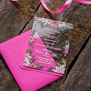 Pink Pattern Acrylic Invitations With Envelopes For Wedding, Sweet 16, Birthday, Quinceañera, Parties, Quince Años