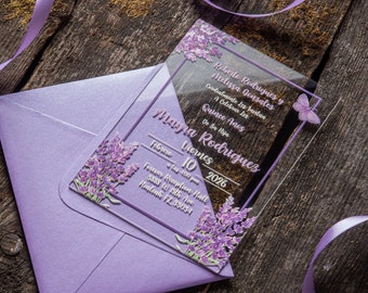 Lavender Butterflies Purple Acrylic Invitations With Envelopes For Wedding, Sweet 16, Birthday, Quinceañera, Parties, and Quince Años.