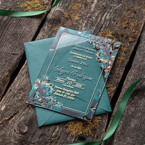 Emerald Green Gold Flowers Invitations With Envelopes For Wedding, Sweet 16, Birthday, Quinceañera, Party, Quince Años, Sweet 15