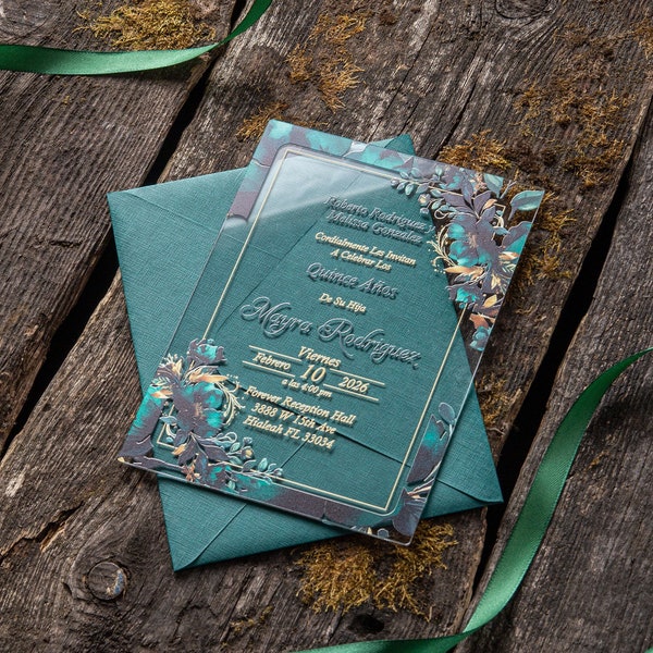 Emerald Green Gold Flowers Invitations With Envelopes For Wedding, Sweet 16, Birthday, Quinceañera, Party, Quince Años, Sweet 15