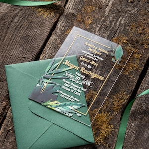 Faire-parts en acrylique vert feuille tropicale avec enveloppes pour mariage, Sweet 16, Anniversaire, Quinceañera, Fête, Coing Años, Shower de bébé