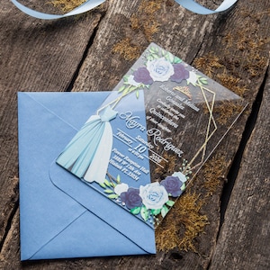 Faire-parts en acrylique à fleurs avec robe bleue en verre transparent avec enveloppes pour mariage, Sweet 16, Anniversaire, Quinceanera, Fêtes, Baptême
