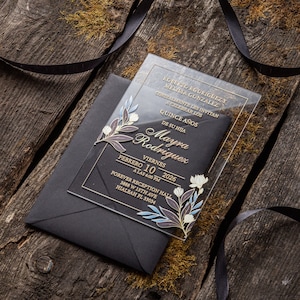 Klarglas-Blau-Gold-Blumen-Acryl-Einladungen Laden mit Umschlägen für Hochzeit, Bonbon 16, Geburtstag, Quinceamaßa, Quitte Años ein
