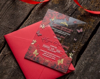 May include: A red and gold invitation with a floral design and the text "Mayra Rodriguez" for a quinceañera celebration. The invitation includes the date, time, and location of the event.