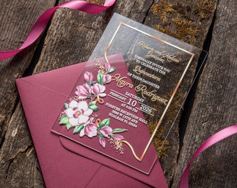 Burgundy Floral Acrylic Invitation | Quinceañera & Wedding Card