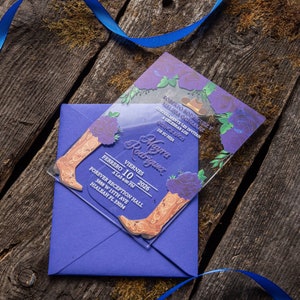 Stivali da cowboy Cappello da cowboy Re Invito acrilico blu con buste per matrimonio, Quinceanera, Dolce 16