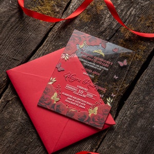 Wonderful Design Red Gold Floral Rose Acrylic Invitations With Envelopes For Wedding, Sweet 16, Birthday, Quinceañera, Quince Años, Baptism