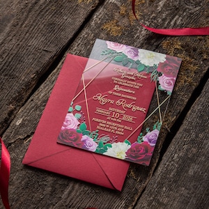 Invitación acrílica de oro rosa rojo con sobre para boda, quinceañera, dulces dieciséis, quince años, cumpleaños, quinceañera, fiesta, bautismo