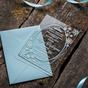 Invito in acrilico con fiocco di neve invernale ghiacciato e trasparente con buste per matrimoni, dolci 16, compleanni, quinceañera, feste, quince años