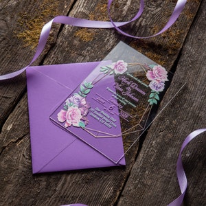 Klarglas-Flieder-Blumen-Acryl-Einladungen mit Umschlägen für Hochzeit, Sweet 16, Geburtstag, Quinceamaßa, Partys, Quitte Años