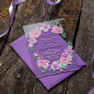 Convites acrílicos florais de borboleta lilás de vidro seguro com envelopes para casamento, doce 16, aniversário, quinceañera, festa, marmelo años