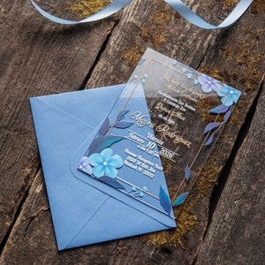 Faire-parts en acrylique avec fleurs or bleu clair avec enveloppes pour mariage, Sweet 16, Anniversaire, Quinceañera, Fêtes, Coing Años, Certificats