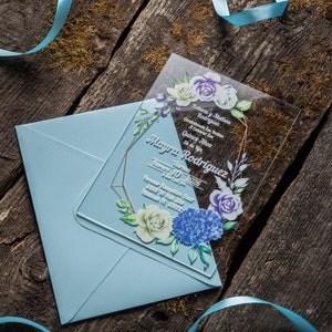 White Blue Floral Acrylic Invitations With Envelopes For Weddings, Sweet 16, Birthdays, Quinceanera, Quince Anos, Events, etc.