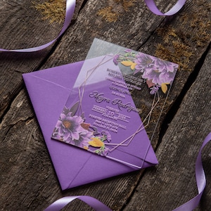 Dusty Purple Blumen Acryl-Einladungen mit Umschlägen für Hochzeit, Sweet 16, Geburtstag, Quinceaños, Party, Quince Años, Zertifikat