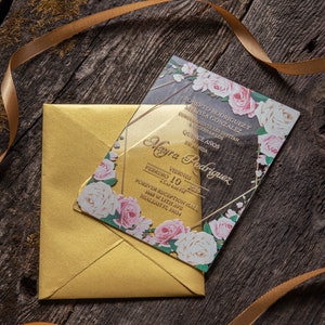 Inviti floreali in acrilico rosa e oro con buste dorate per matrimonio, 15° compleanno, Quinceañera, Quince Años, battesimo