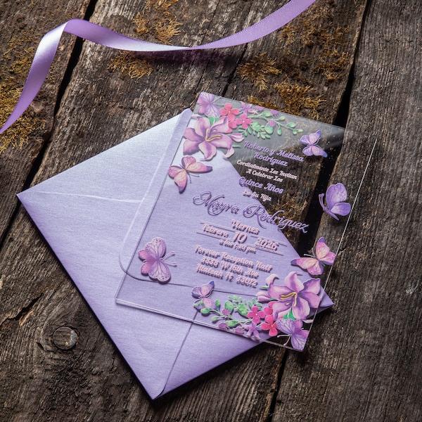 Elegant High-Quality Butterfly Lilac Floral Acrylic Invitations With Envelopes For Quinceañera, Weddings, Sweet 16, Birthdays, Quince Años
