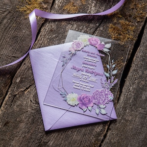 Inviti floreali in acrilico lilla argento di alta qualità con buste per matrimonio, dolci 15, compleanno, Quinceañera, Quince Años, design personalizzato