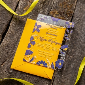 King Blue Yellow Acrylic Invitations With Envelopes For Wedding, Sweet 16, Birthday, Quinceañera, Party, Quince Años, Bridal Shower, Baptism