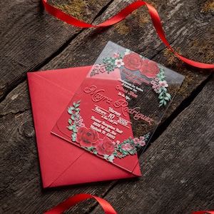 Faire-part en acrylique rouge floral audacieux avec enveloppes pour mariage, 16 ans, anniversaire, quinceañera, fête