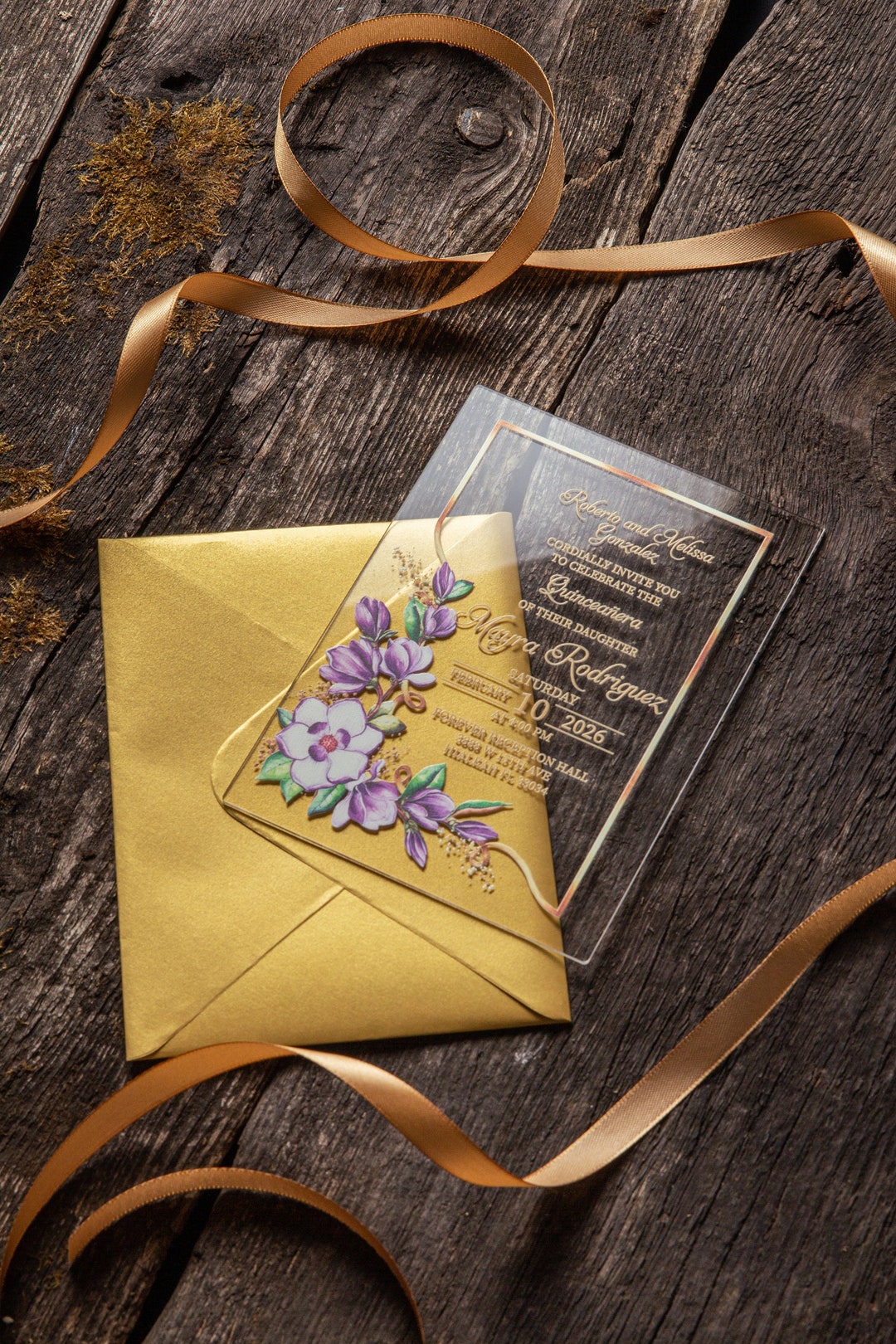 purple-color-flowers-acrylic-invitation-gold-frame-with-gold-envelope