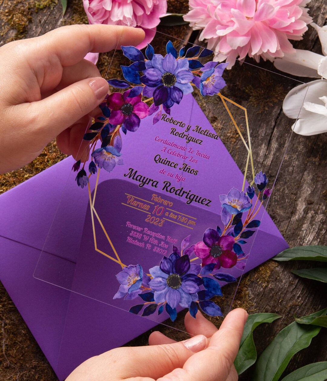 Elegant Purple Floral Acrylic Invitation With Envelopes for Etsy