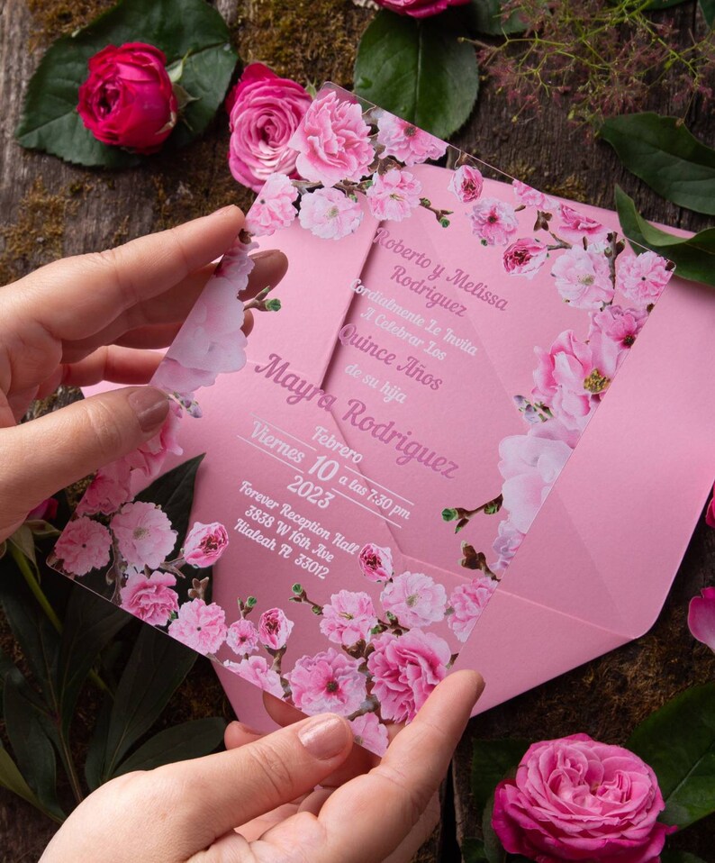 Pink white sakura flowers acrylic invitations for your wedding sweet sixteen birthday quinceaera party and other events etc
