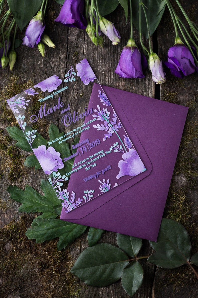 Acrylic invitations wedding invitations purple invitations Etsy