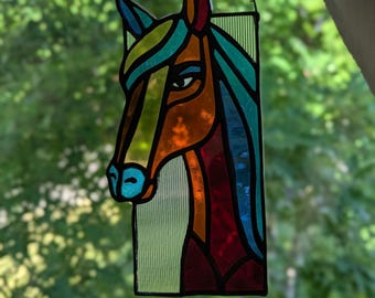 Atrapasol de caballo de vitral, decoración multicolor para ventanas