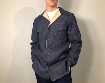 Vintage Sherpa Jacket / Sears Roebuck and co / / 1970-80s / Indigo Denim / Size S-M / Denim Jacket / Chore Jacket