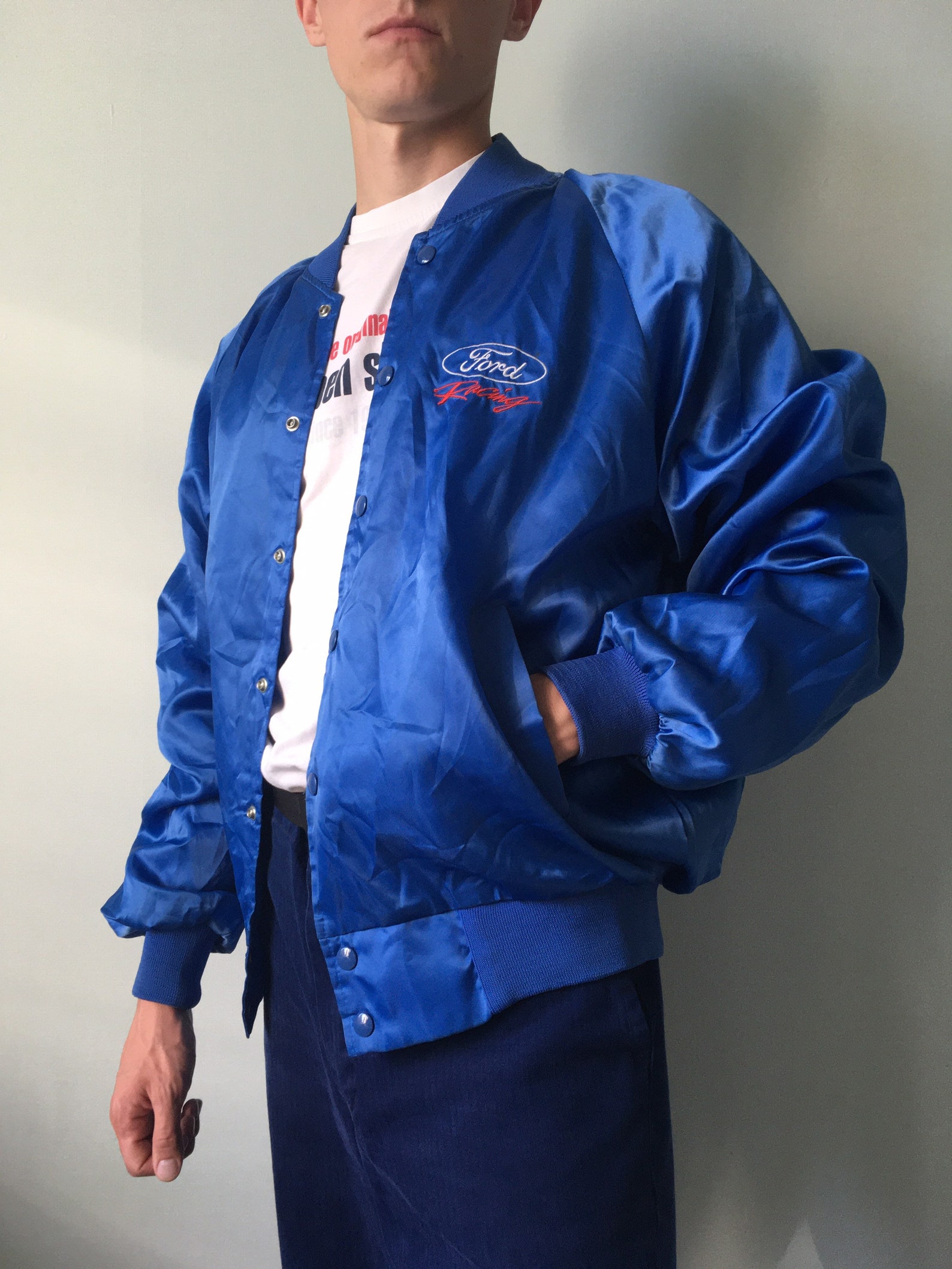 Vintage Satin Jacket / Made in USA / Bridgeport / Size L / Etsy