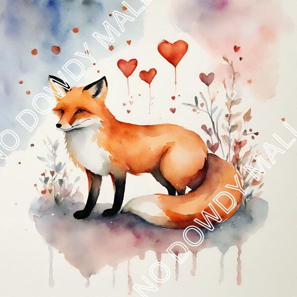 Fox in Watercolor Wildlife Hearts Love Valentine's PDF Print for Nature Enthusiasts