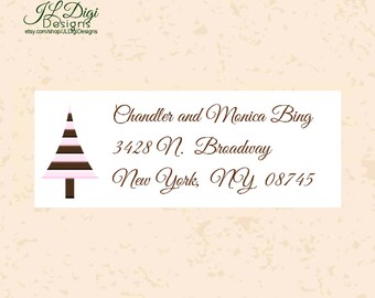 Personalized return address label, Christmas tree, Pink, Brown,