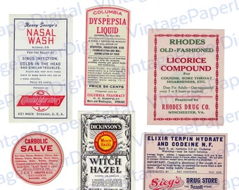 May include: Nine vintage medicine bottle labels with red, blue, and black text on white backgrounds. The labels advertise various remedies, including a nasal wash, a carbolic salve, a dyspepsia liquid, a witch hazel remedy, a licorice compound, a terpin hydrate and codeine elixir, an internal remedy, a penetrating liniment, and a nerve and bone liniment.
