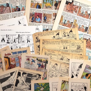 Può includere: Una collezione di strisce a fumetti vintage con Peanuts, Shoe Shoe Baby e altri personaggi. Le strisce sono stampate su carta da giornale ingiallita e mostrano segni di età.