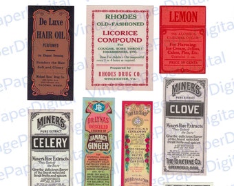Puede incluir: Etiquetas vintage para varios productos, incluyendo aceite para el cabello, compuesto de regaliz, extracto de limón, extracto de apio, jengibre de Jamaica, extracto de clavo, hamamelis y amoníaco. Las etiquetas presentan una variedad de colores y diseños, incluyendo rojo, azul, verde y negro.