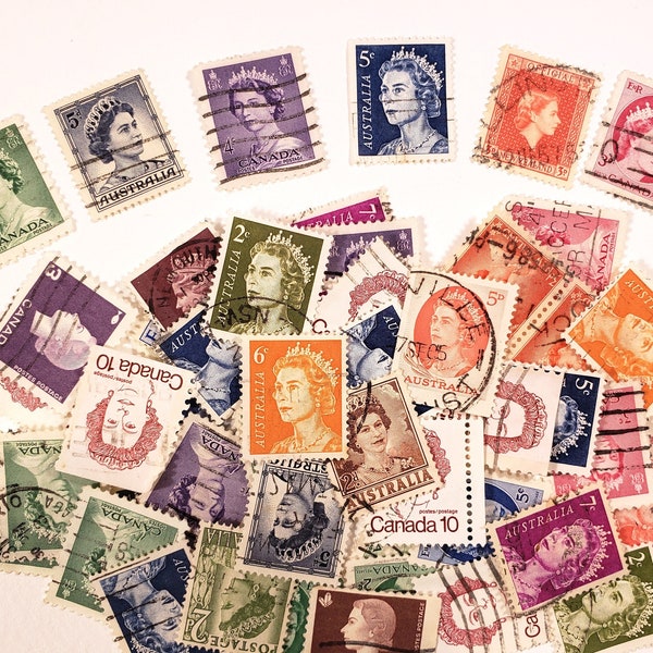 Vintage Queen Elizabeth Postage Stamps, 50 stamps, Young Queen Elizabeth, colour craft collage art ephemera, 1950s used & cancelled