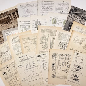 Może przedstawiać: Zbiór vintage ilustracji technicznych i schematów na papierze. Ilustracje obejmują różne tematy, takie jak maszyny, znaki ostrzegawcze i części samochodowe. Papiery są zżółknięte od czasu i mają zużyty, vintage wygląd.