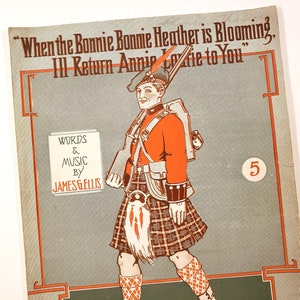 SCOTTISH MUSIC - Antique Large Sheet Music, Annie Laurie, Illustrated vintage sheet music, vintage paper ephemera, junk journals, Scotland