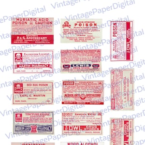 POISON Antique Apothecary Labels, DIGITAL DOWNLOAD, Digital Printable, journal scrapbooking supplies, red pharmacy labels Halloween