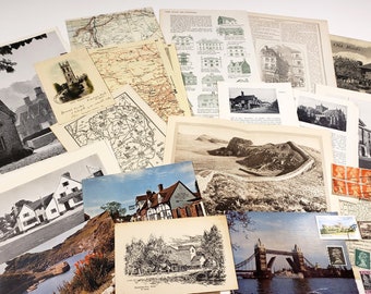May include: A collection of vintage postcards and maps featuring various locations and buildings. The postcards are in black and white and color, and the maps are in black and white. The collection includes images of a church, a bridge, a house, and a landscape.