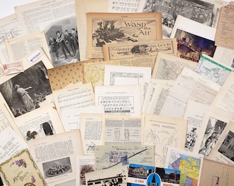 May include: A collection of vintage paper ephemera including black and white illustrations, printed text pages, musical scores, maps, a bank check from The Bank of Nova Scotia, a postcard of Montreal, and a greeting card with floral illustrations.