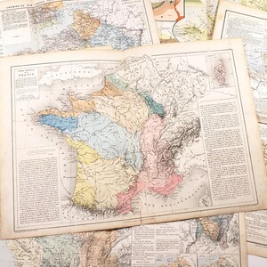 Cartes de France, cartes anciennes de l'Atlas, éphémères vintage, journaux indésirables, papier de scrapbooking, collage d'art, prêt à exposer, histoire, français