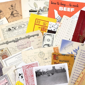 May include: A collection of vintage ephemera, including receipts, postcards, a dollar bill, playing cards, and a recipe guide for beef. Various colors and fonts are visible, creating a nostalgic aesthetic.